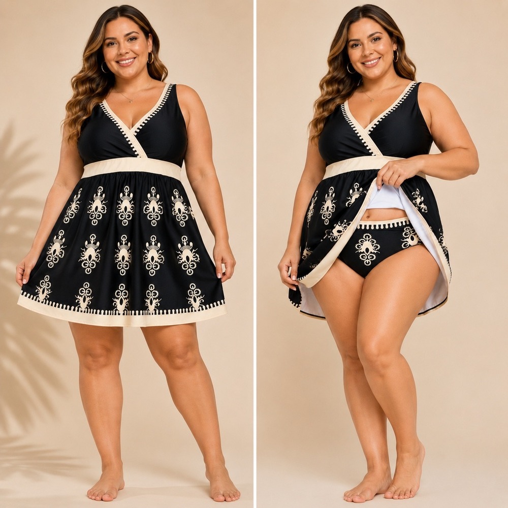 BloomChic Swim Dress Set Plus Size 26 Black Boho Modest Swimwear Beach Resort